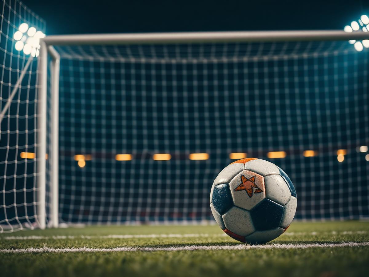 A soccer ball on the penalty spot in front of a goal net under stadium lights